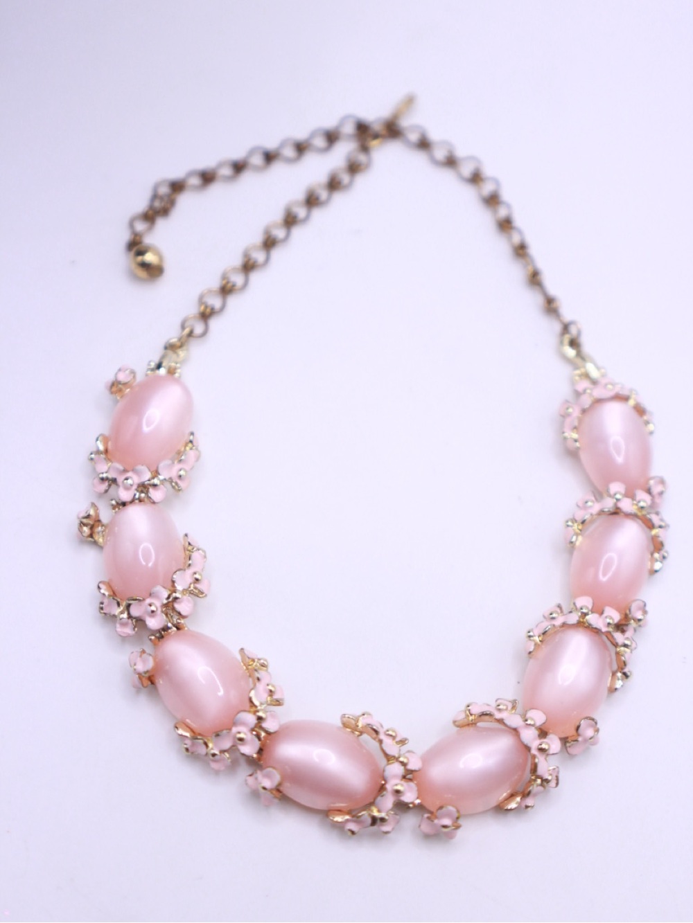 Vintage unsigned Pink Thermoset with Enamel Flowers Statement Necklace